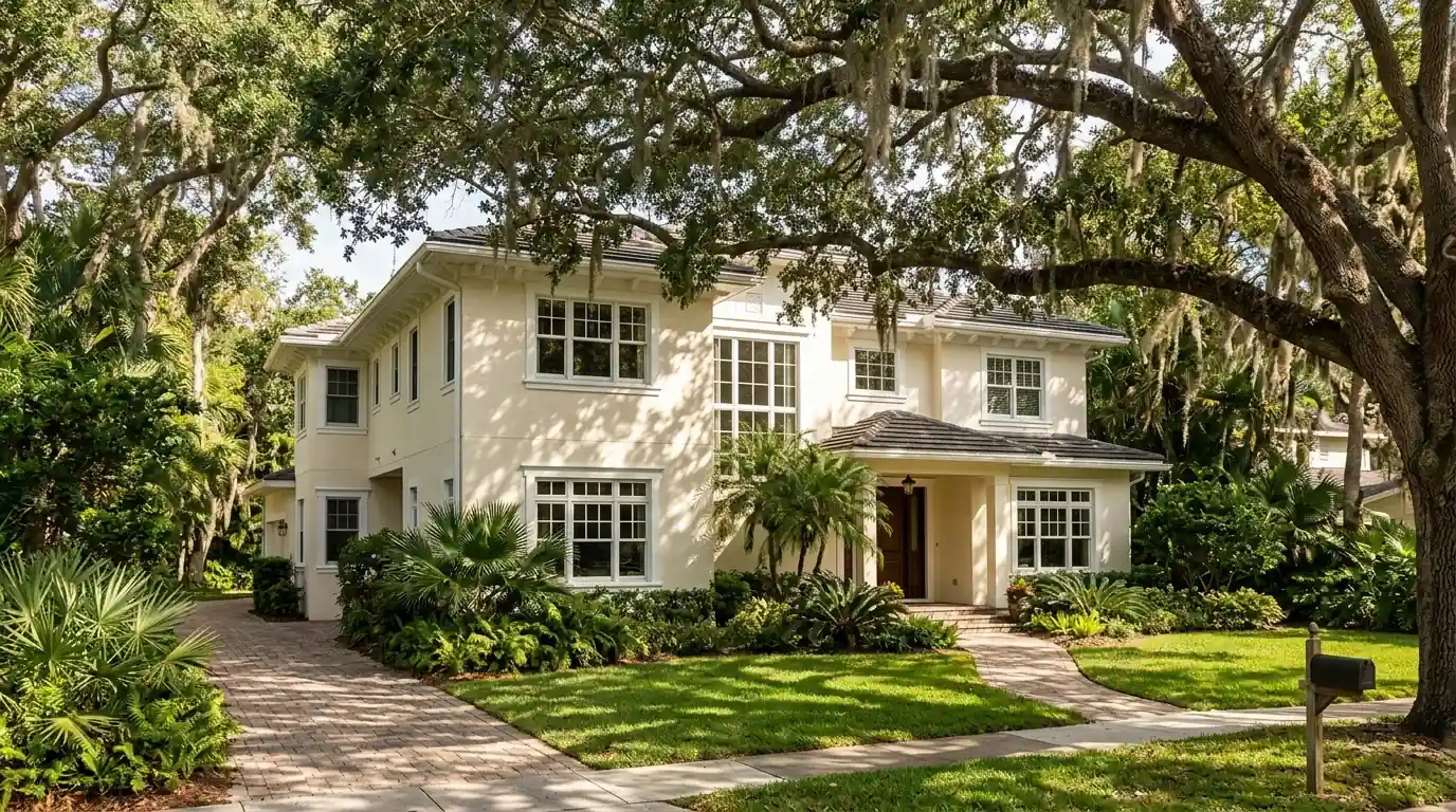 Established Sarasota home in Cherokee Park with fresh cream stucco, crisp white window trim and a canopy of live oaks overhead