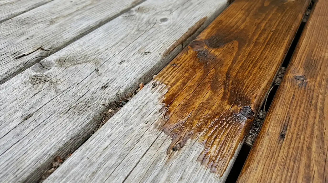 Close-up of penetrating stain soaking into weathered pine deck boards, half finished and half gray