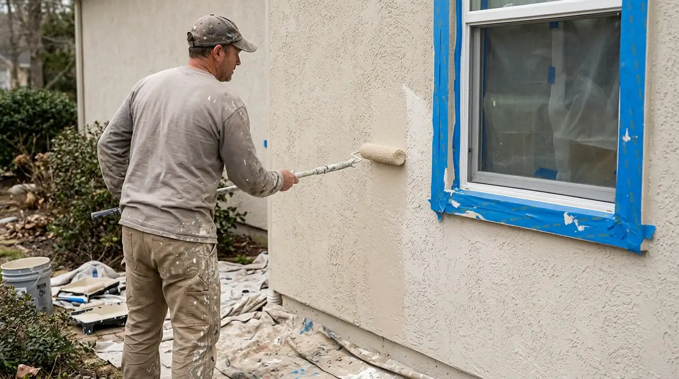 Painter back-rolling exterior acrylic on a stucco wall beside a window with taped trim