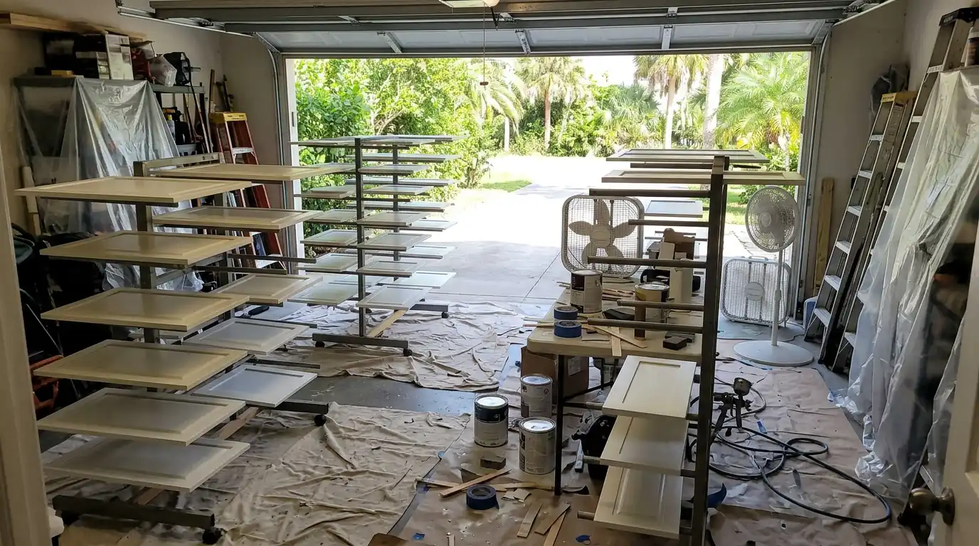 Cabinet doors laid out on drying racks in a garage workspace during a Florida kitchen painting project