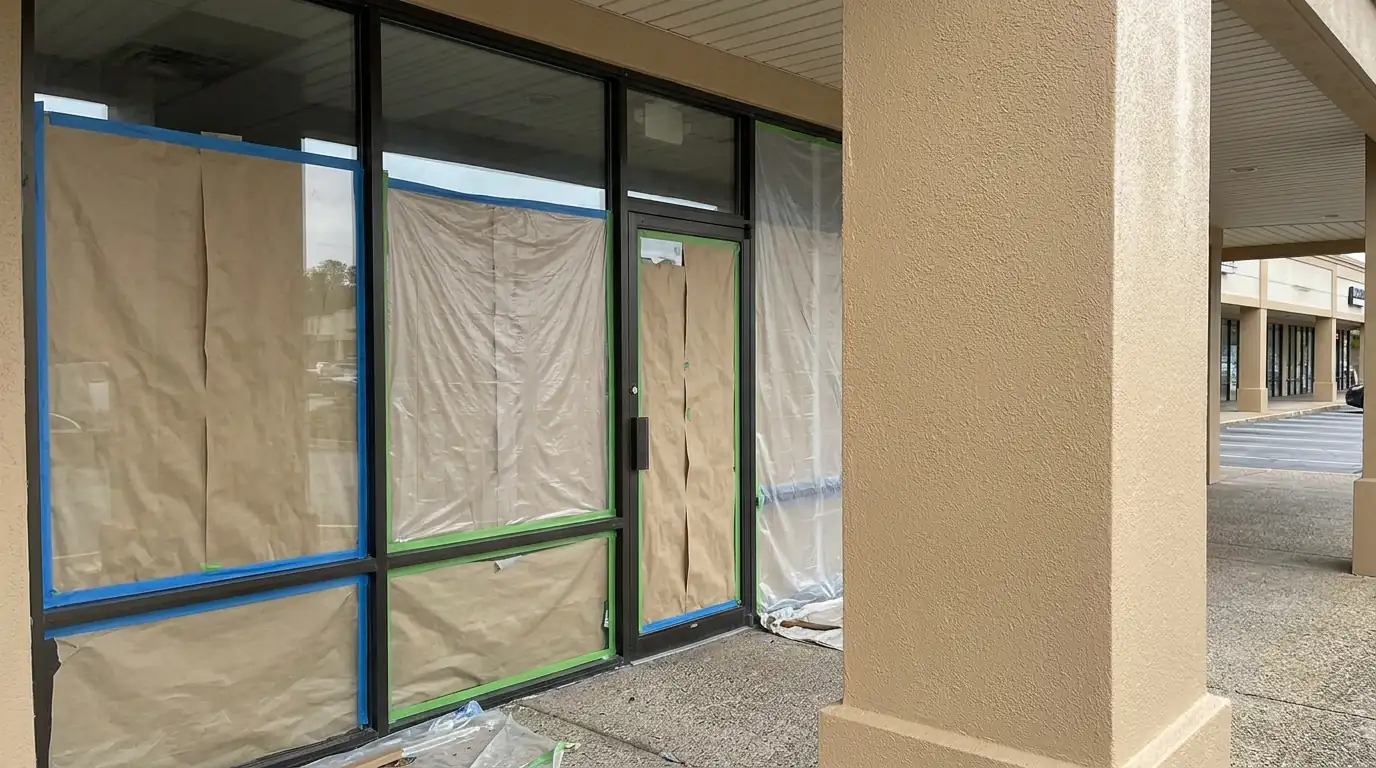 Masked storefront glass beside a freshly painted beige stucco column at a commercial plaza entrance