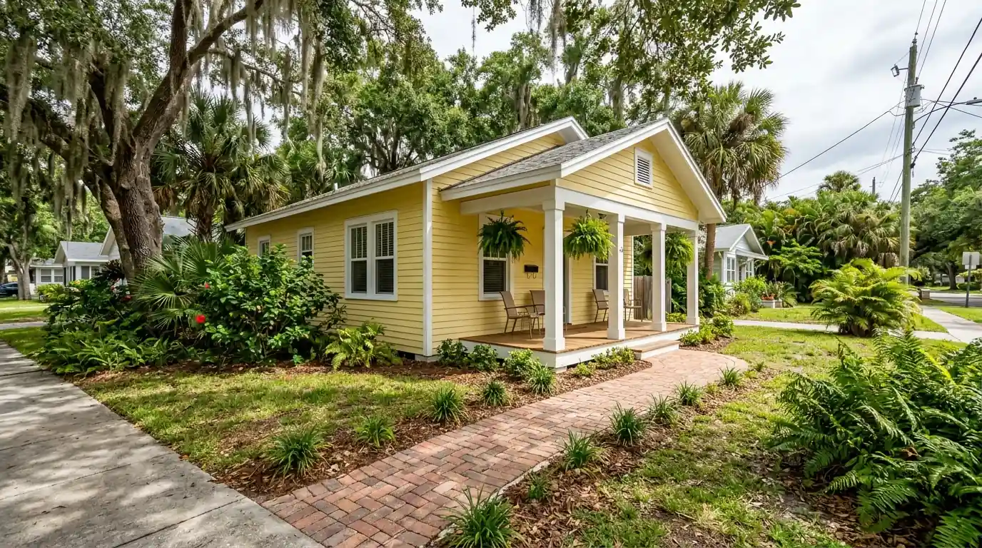 Small wood cottage in Gillespie Park, Sarasota, with fresh butter yellow lap siding, white porch columns and a tidy front walk