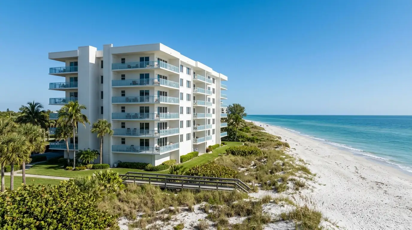 White mid-rise condo building with pale blue balcony railings facing the Gulf on Longboat Key under a clear sky