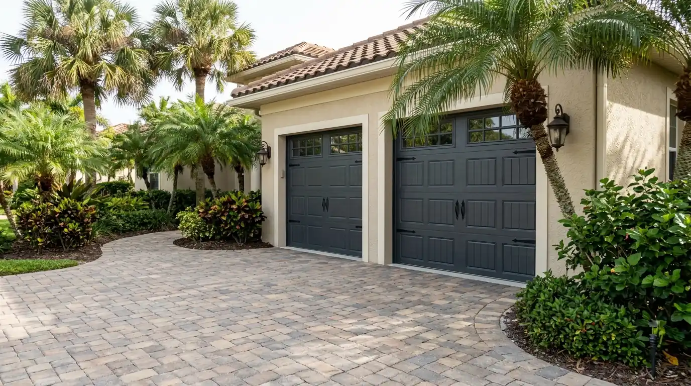 Freshly painted charcoal carriage-style garage door on a Sarasota stucco home with a paver driveway and palms