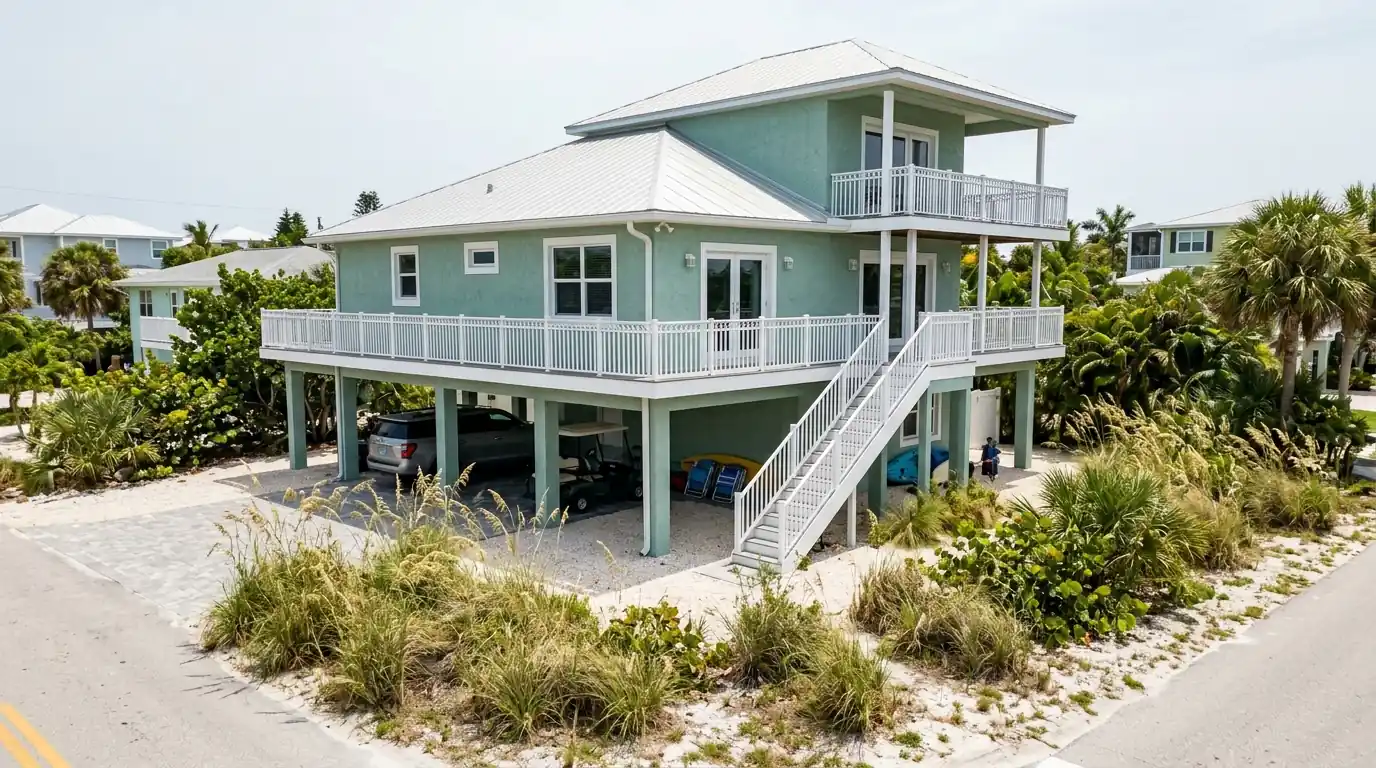 Raised island home with seafoam stucco, white railings and parking underneath beside sea oats in Holmes Beach