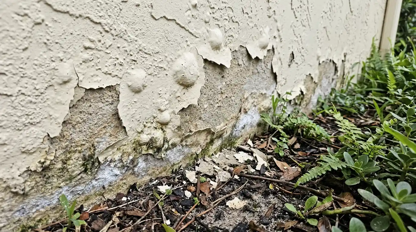 Close detail of peeling paint and bubbling at the base of a stucco wall beside a Florida garden bed