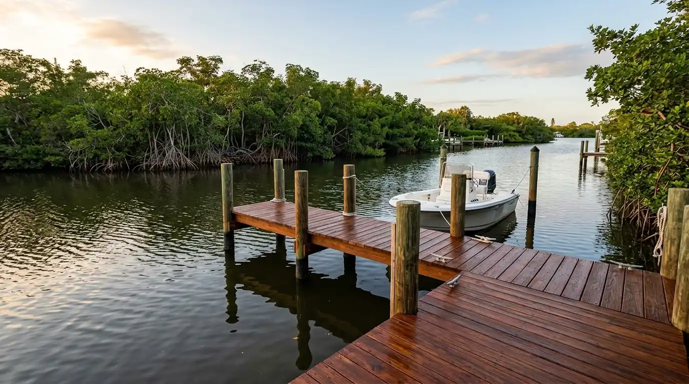 Freshly stained wooden dock stretching over a calm Sarasota canal with mangroves and a moored boat