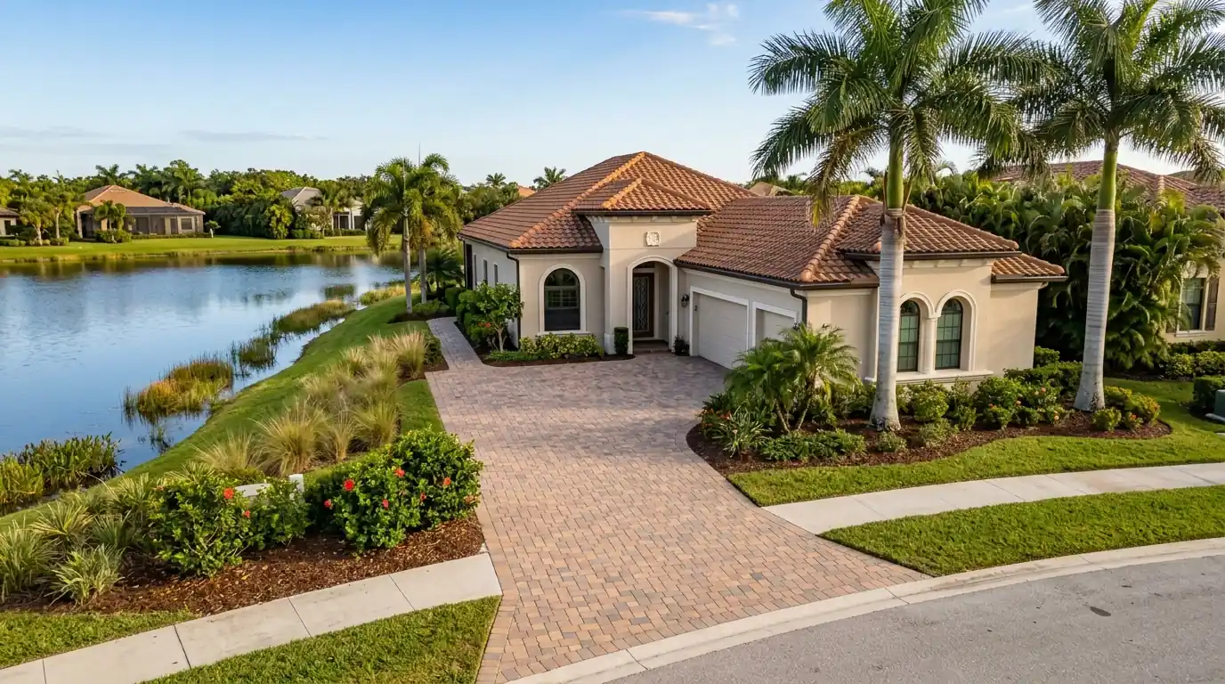 Single-story stucco villa with tile roof and paver driveway beside a lake in a gated Palmer Ranch community