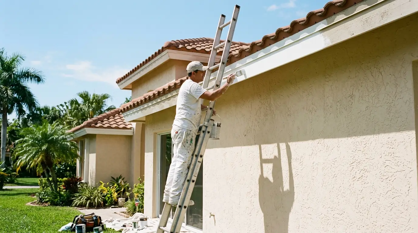 Painter on a ladder brushing bright white paint onto fascia beneath a tile roof of a Sarasota stucco home