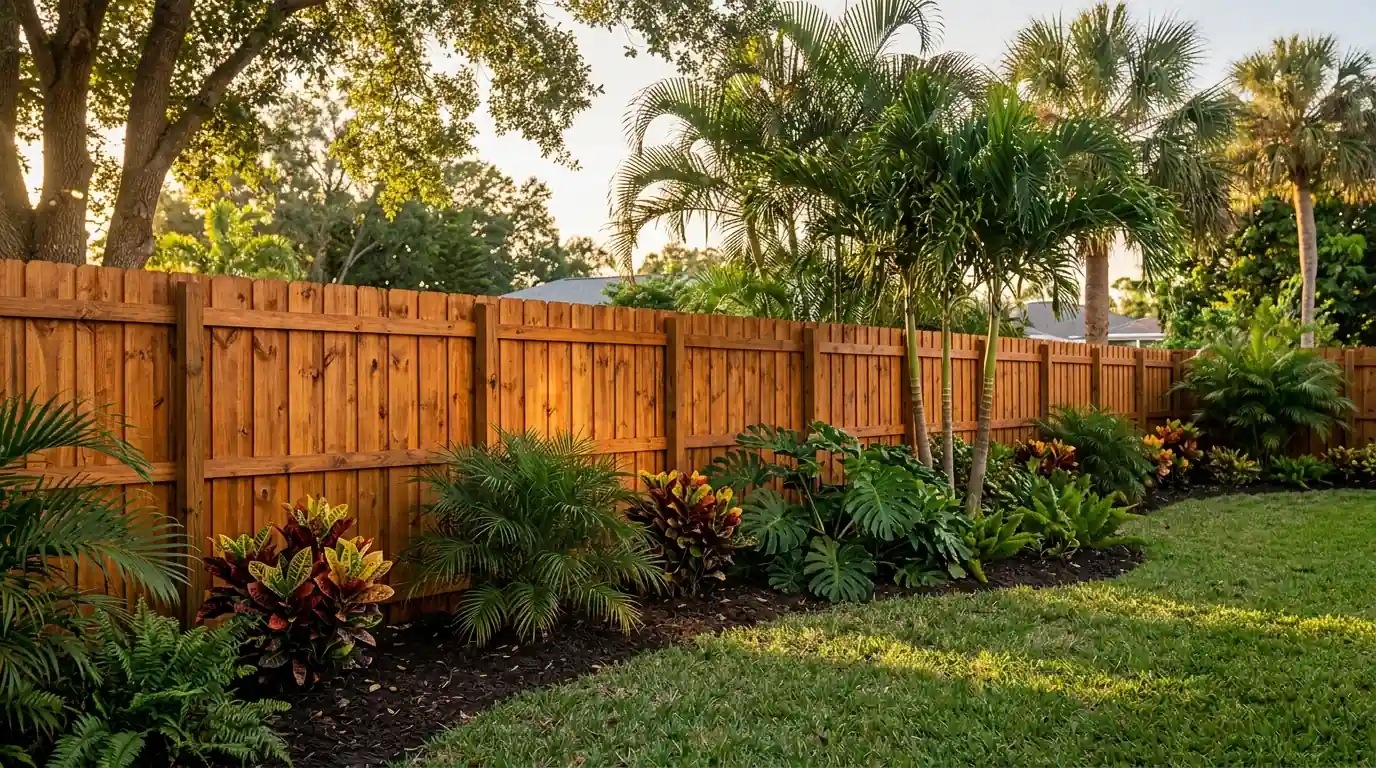 Freshly stained cedar privacy fence glowing warm brown in late afternoon sun in a Sarasota backyard