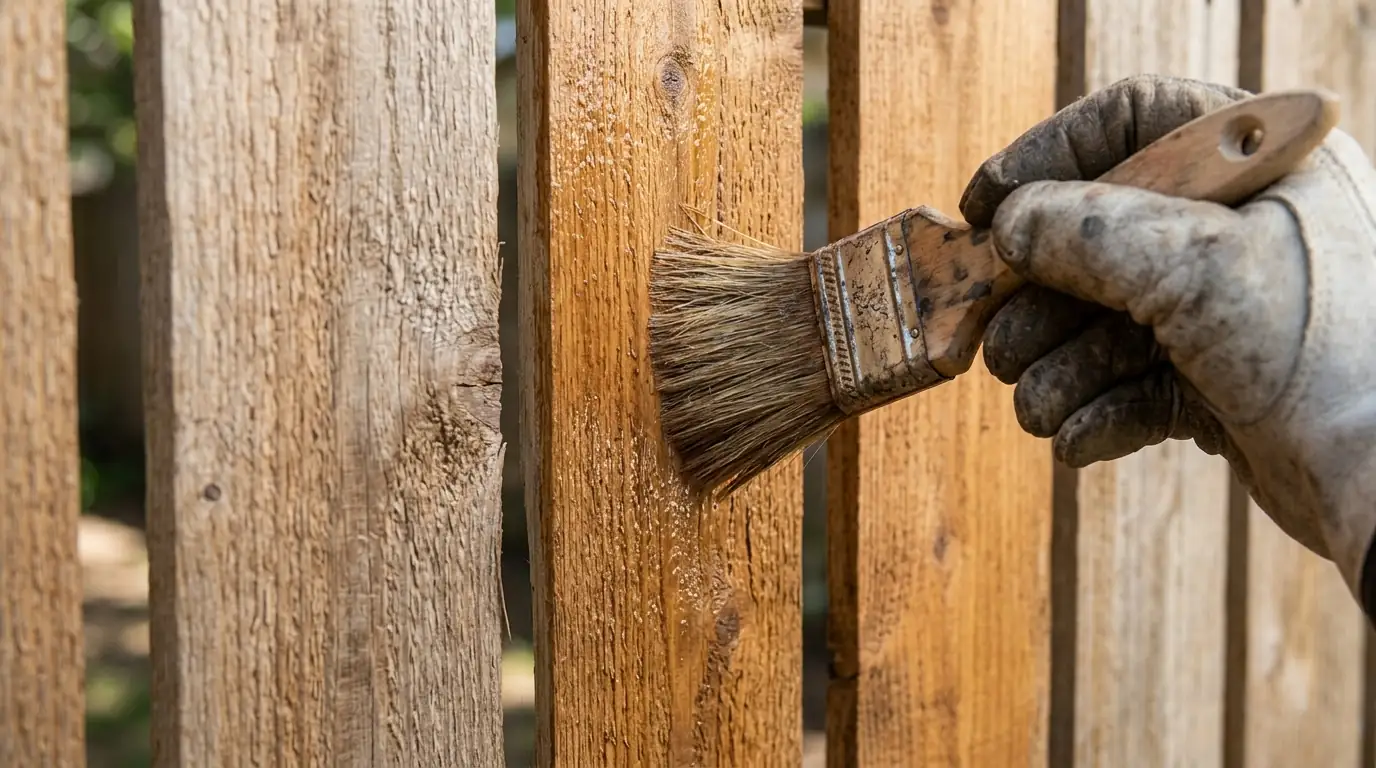 Close-up of semi-transparent stain being brushed onto wood fence pickets with grain showing through