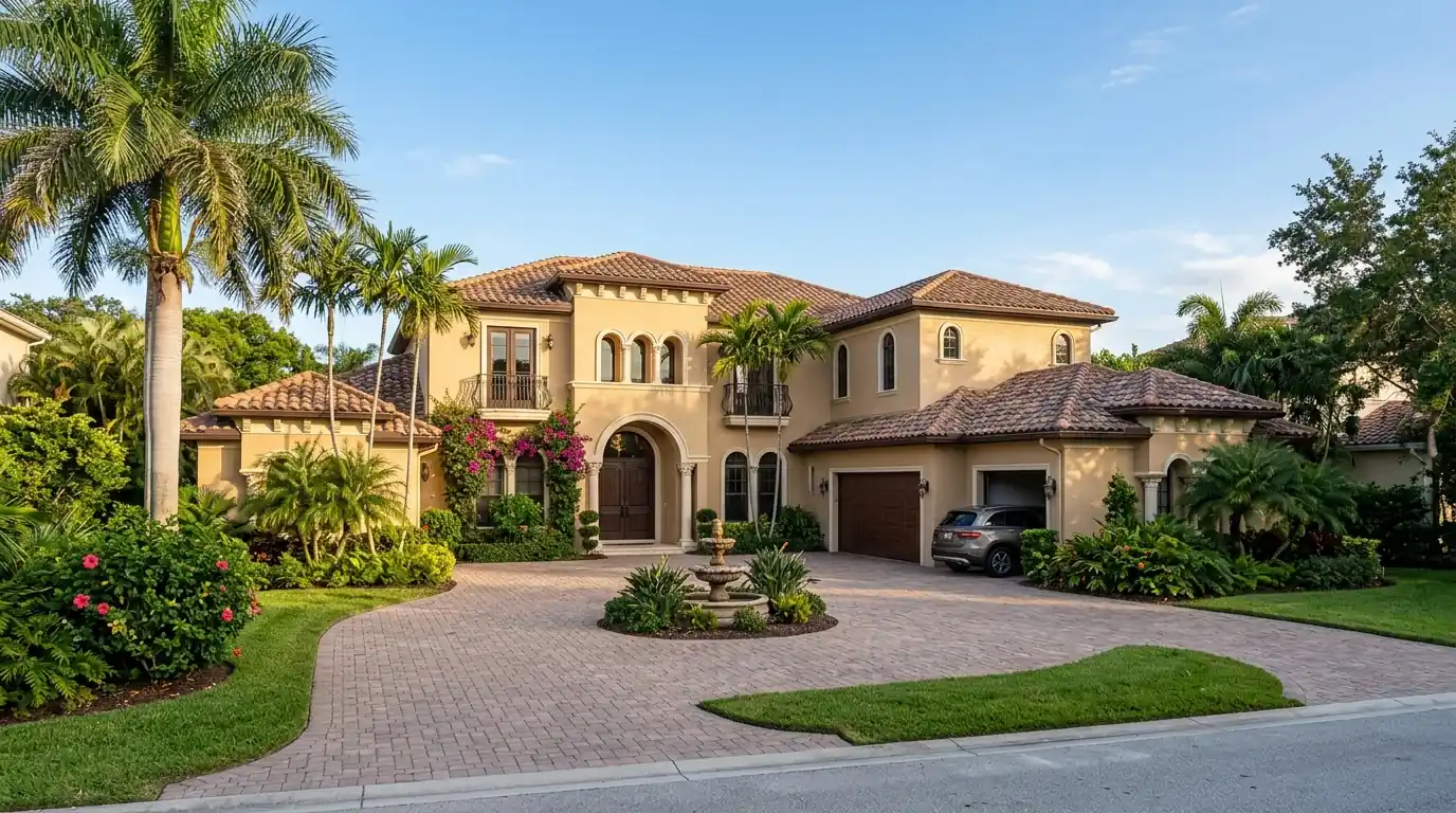 Wide view of a two-story Mediterranean style home in Sarasota with new warm sand paint and terracotta roof tiles