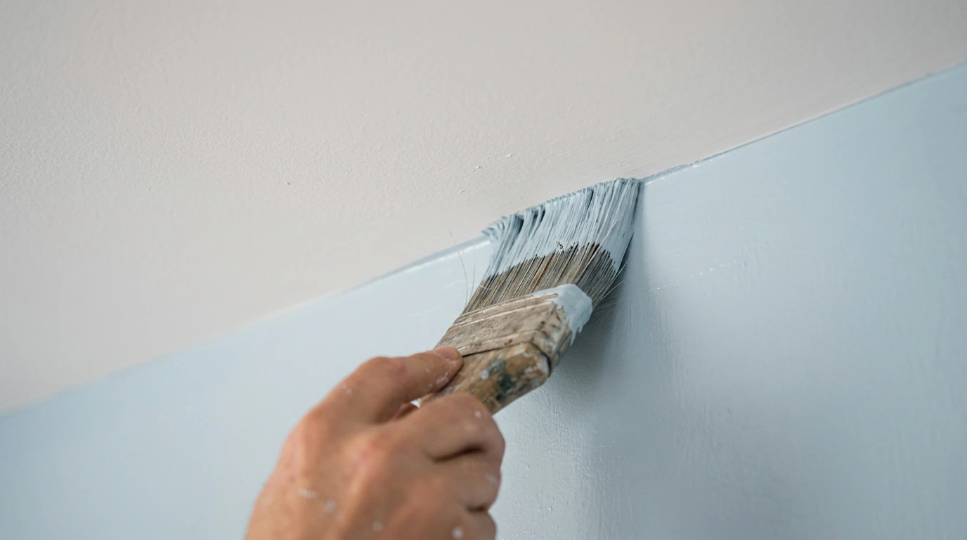 Close detail of an angled brush cutting a crisp line where a pale blue wall meets a white ceiling