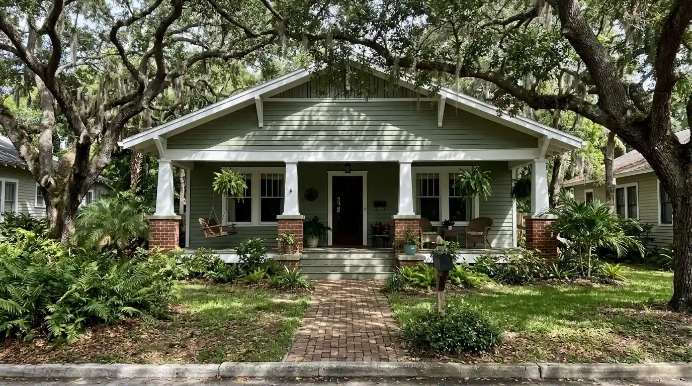Restored wood bungalow in Laurel Park, Sarasota, with sage green lap siding, white trim and a deep front porch shaded by live oaks