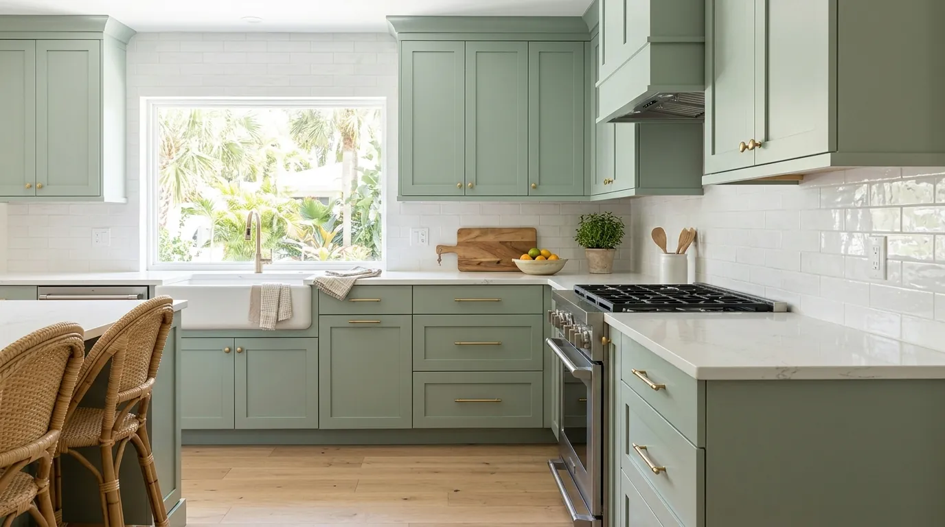 Freshly painted soft sage green shaker kitchen cabinets with brass pulls in a bright Sarasota kitchen