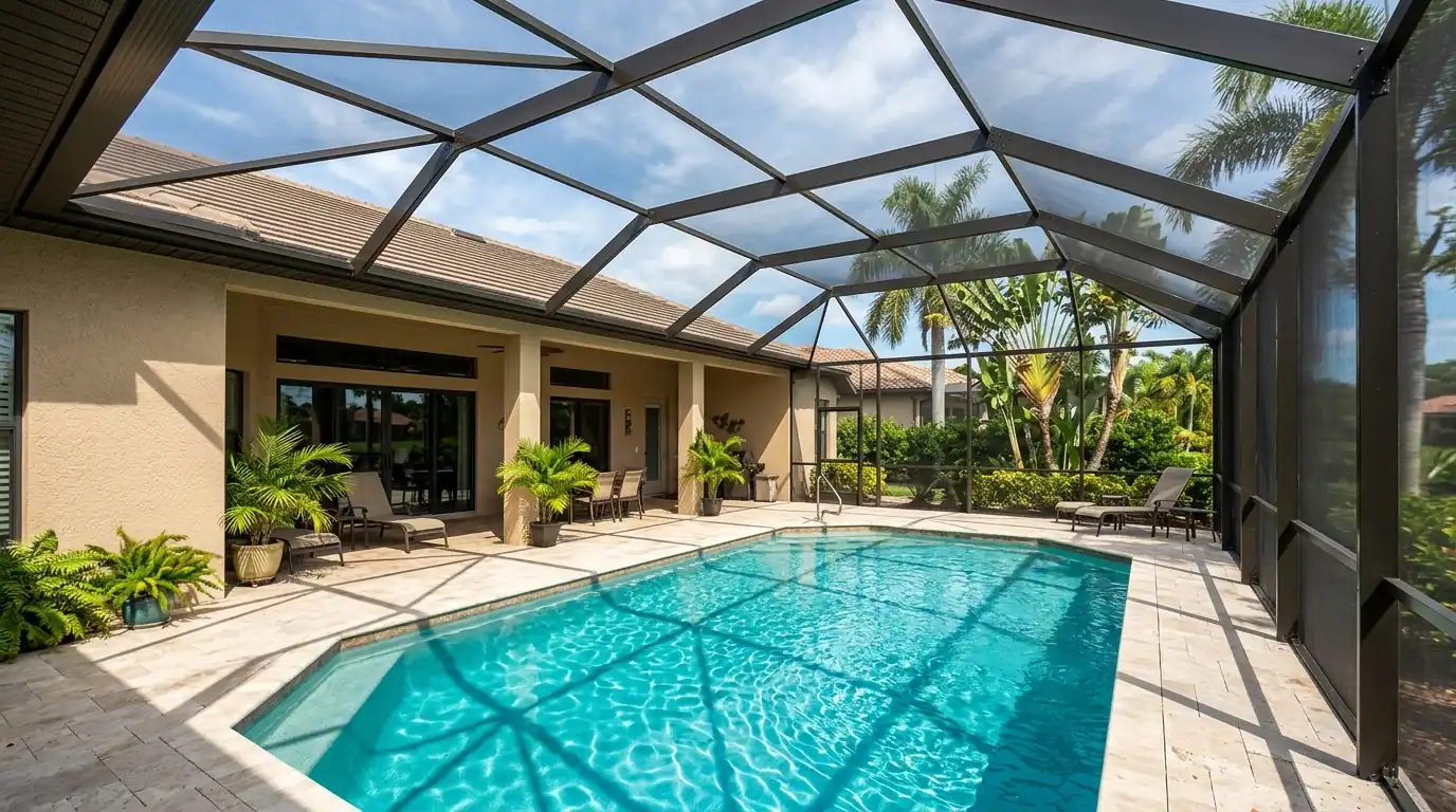 Freshly painted bronze aluminum pool cage over a turquoise pool behind a Sarasota stucco home on a sunny afternoon