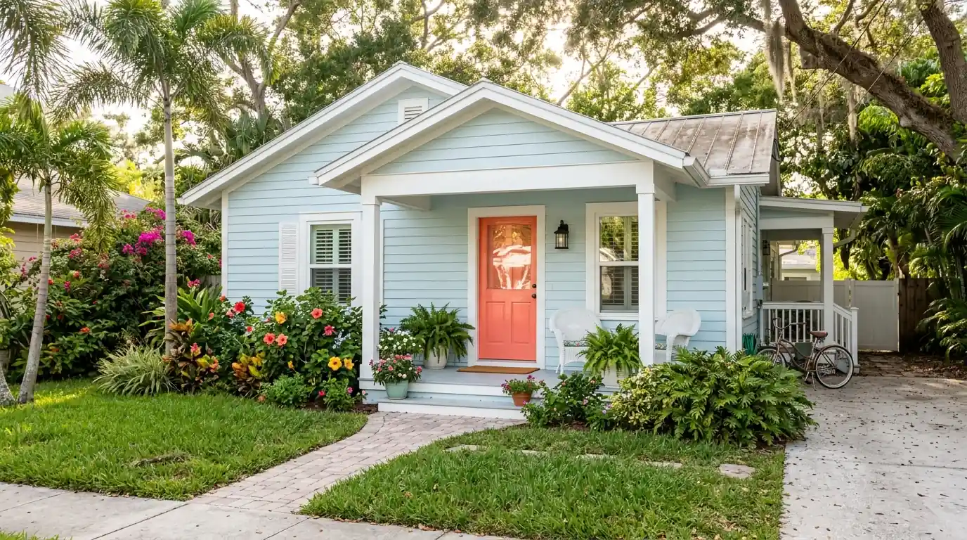 Single-story Sarasota cottage near Southside Village with freshly painted pale blue walls, white trim and a glossy coral front door