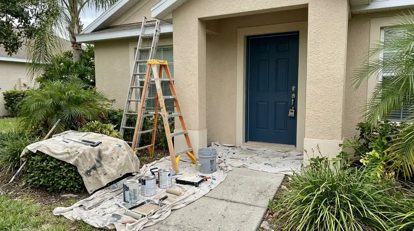Lockbox on the front door of a Florida stucco home with painting ladders and drop cloths staged nearby