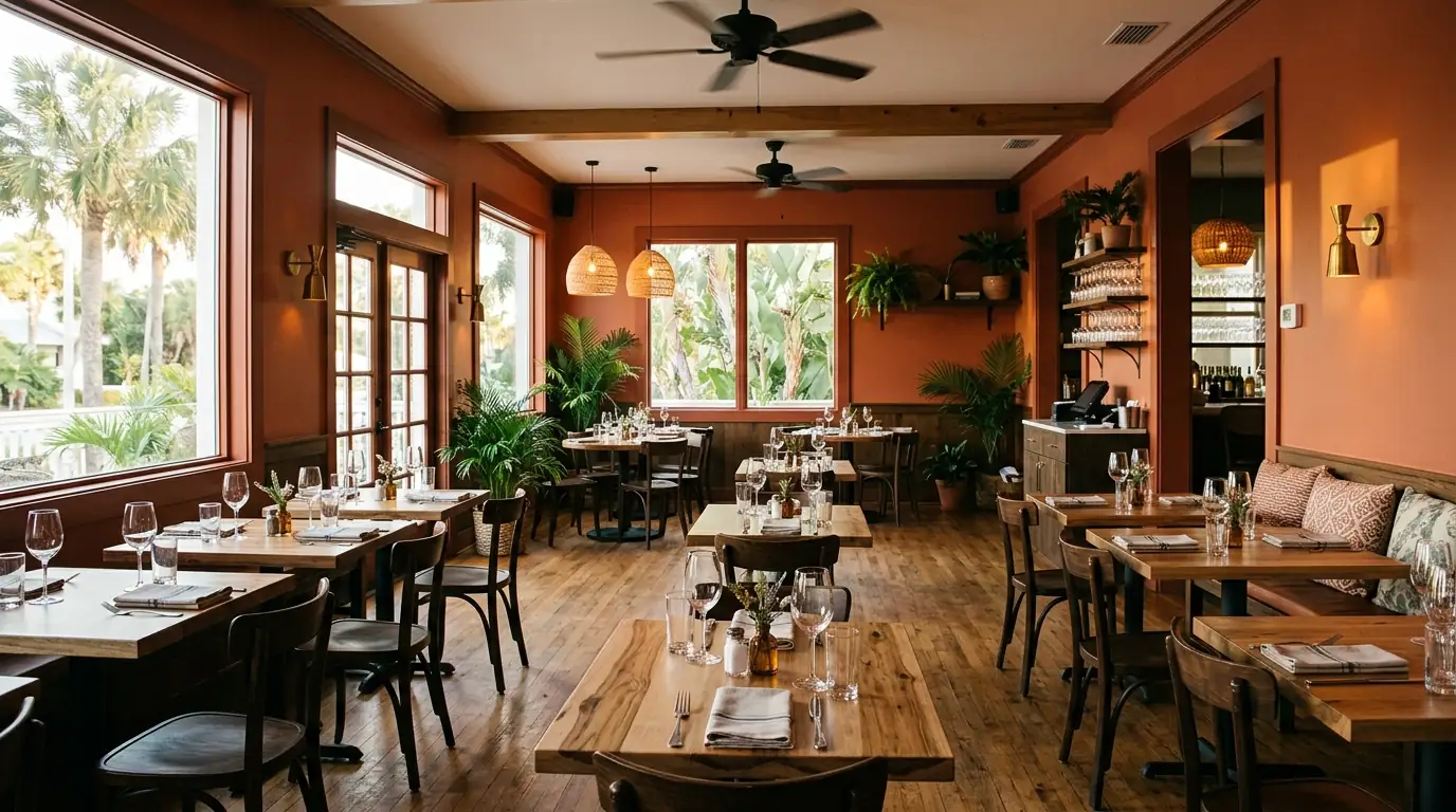 Freshly painted Sarasota restaurant dining room with warm terracotta walls and wooden tables ready for service