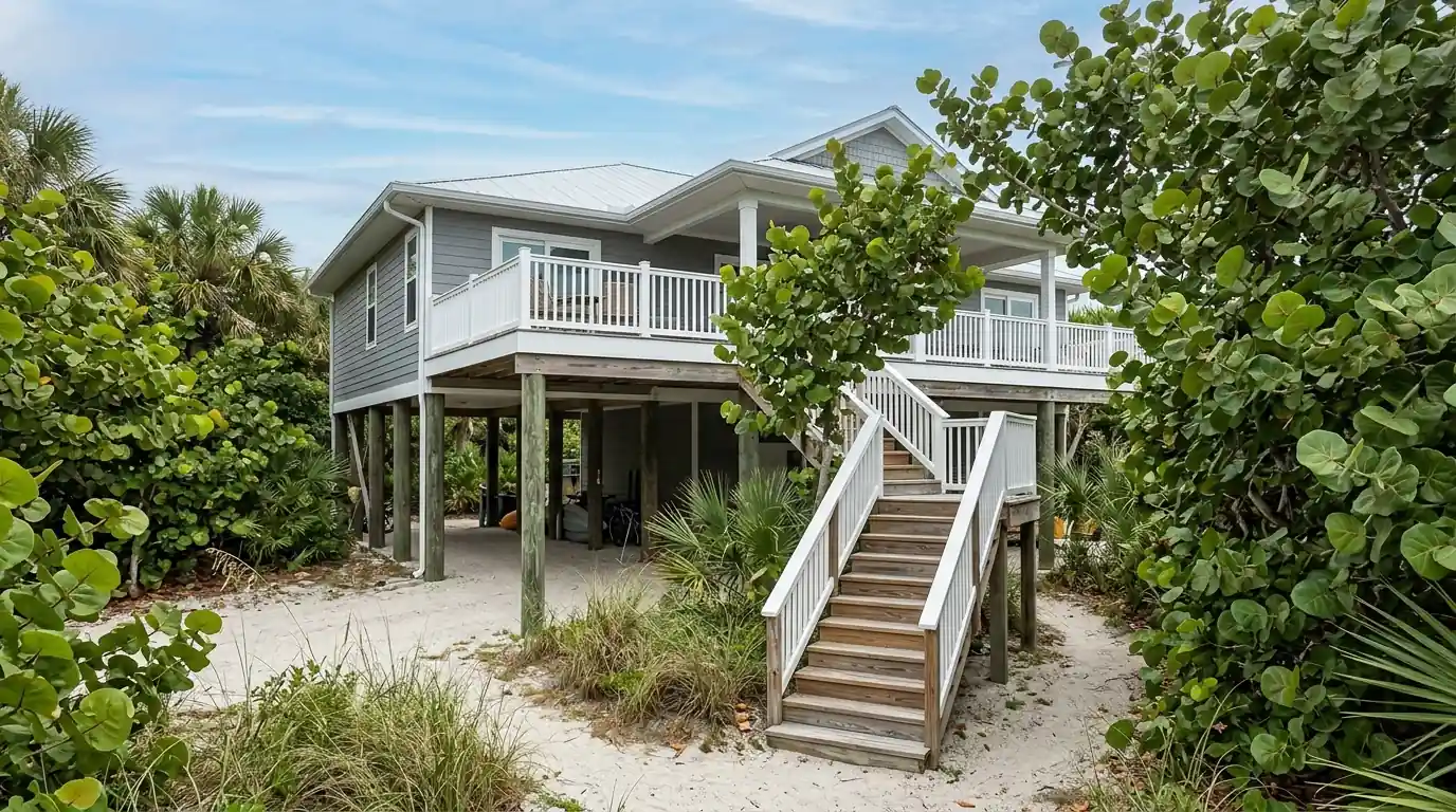 Raised beach house with gray siding, white railings and wooden stairs among sea grape on Casey Key