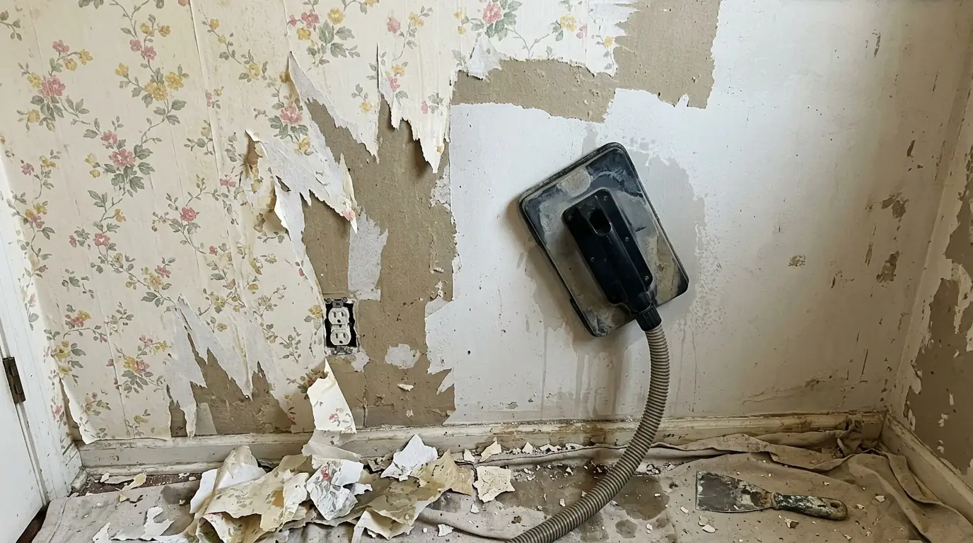 Bathroom wall halfway stripped of old floral wallpaper with a steamer plate resting against the bare drywall