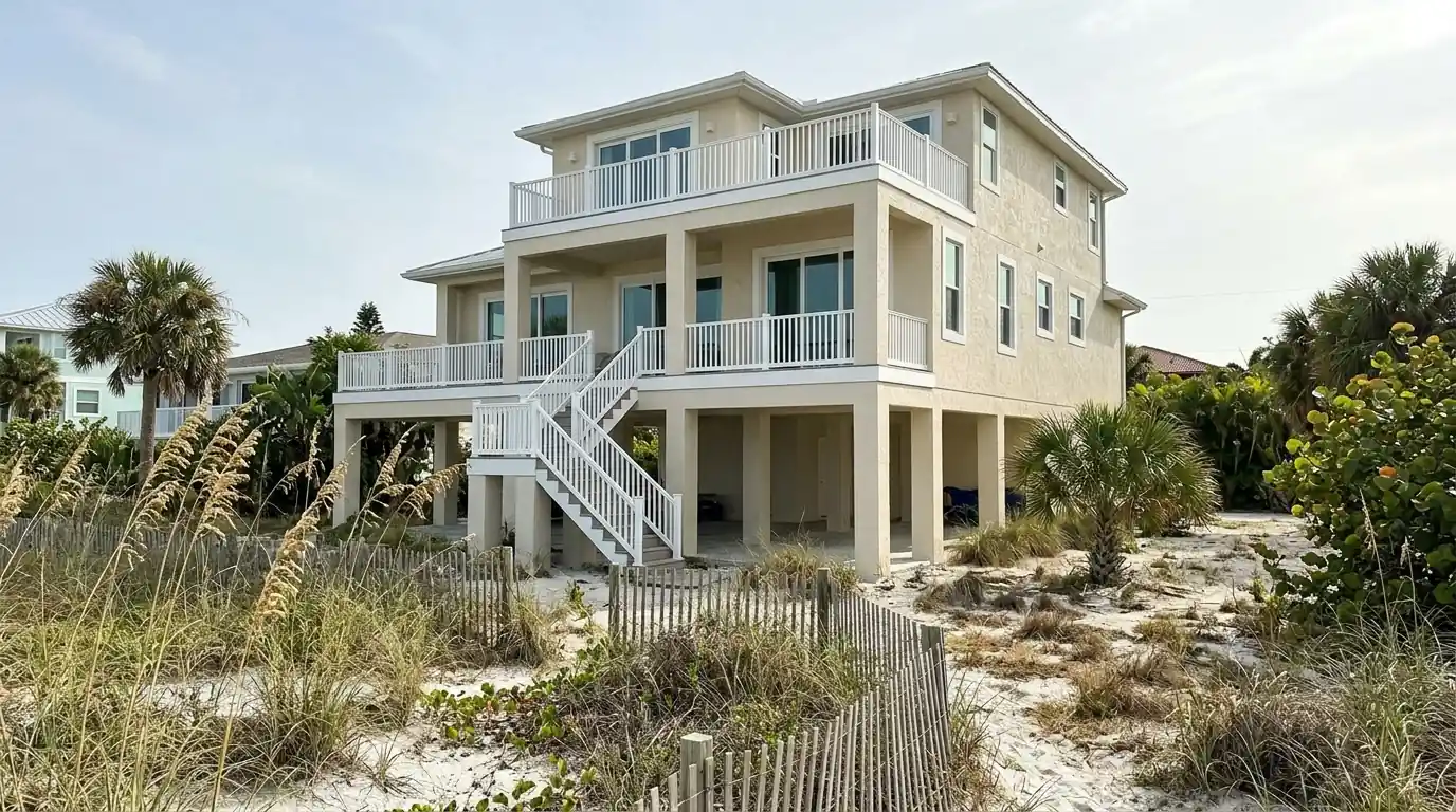 Raised stucco beach house on Lido Key in Sarasota with fresh pale sand paint, white railings and sea oats in the foreground