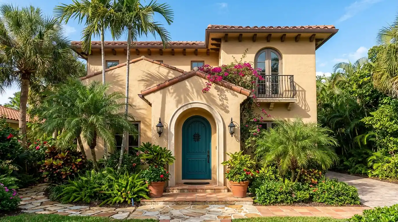 Mediterranean Revival style home with warm stucco walls and a deep teal front door in bright Florida afternoon light