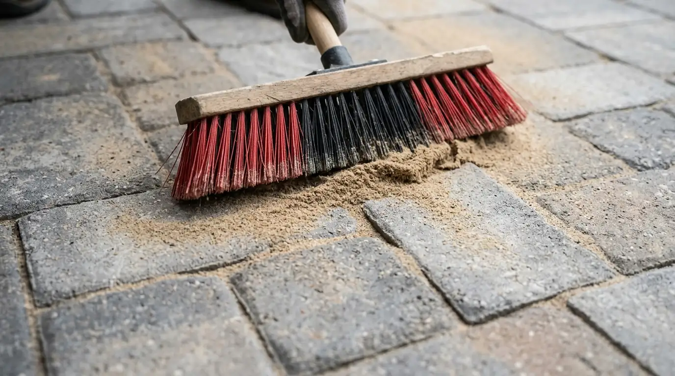 Close-up of fresh joint sand being swept between gray concrete pavers just before sealer application