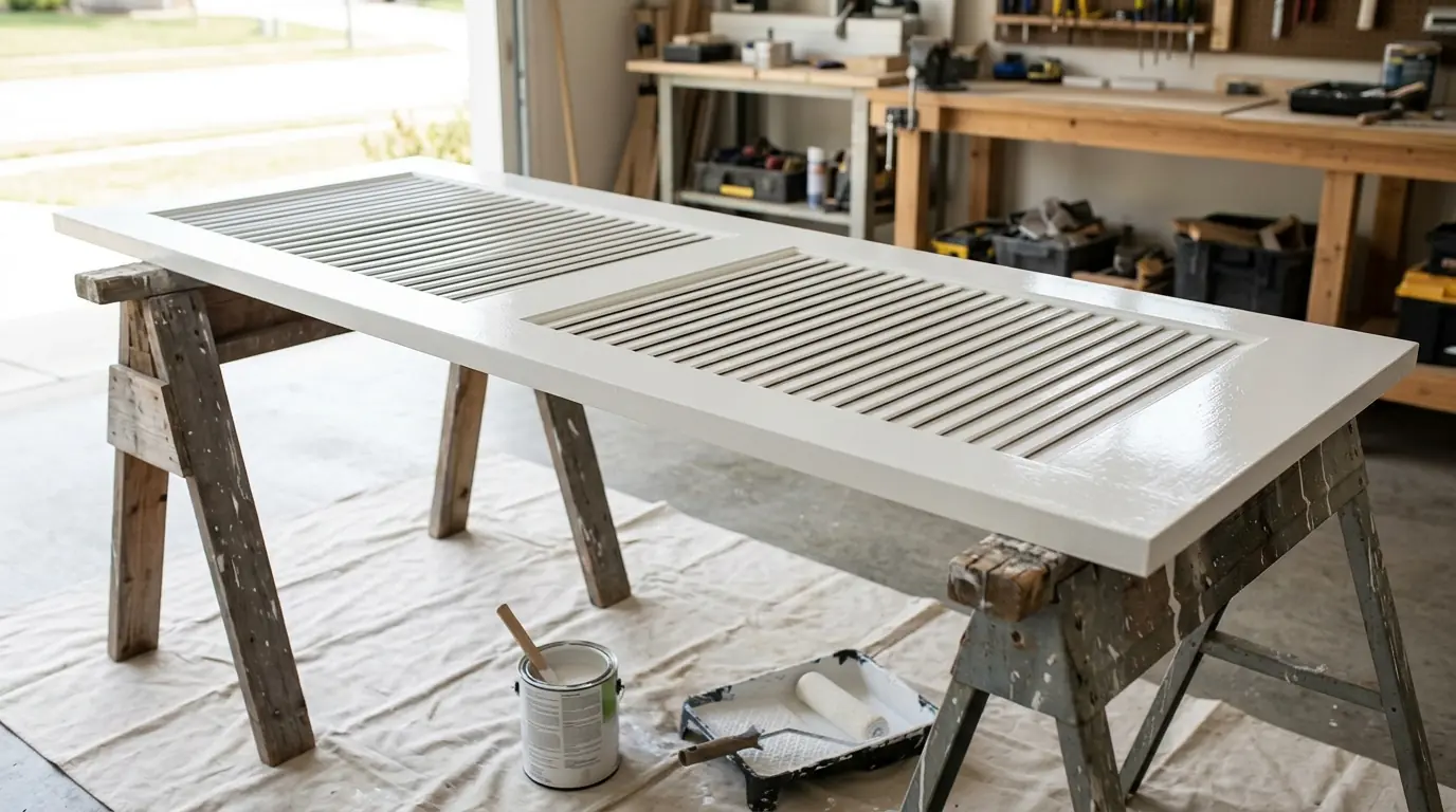 Louvered closet door lying flat on sawhorses with a fresh coat of satin white enamel drying