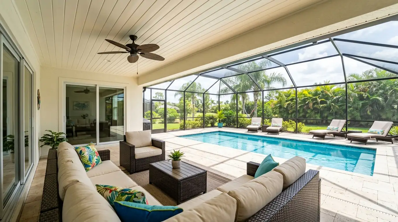 Clean screened lanai with a light painted ceiling, ceiling fan and padded patio furniture on a Florida pool deck