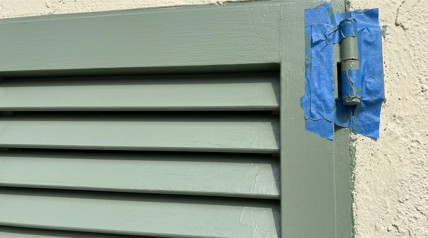 Close-up of painted Bahama shutter louvers in sage green with hinges masked against a cream wall