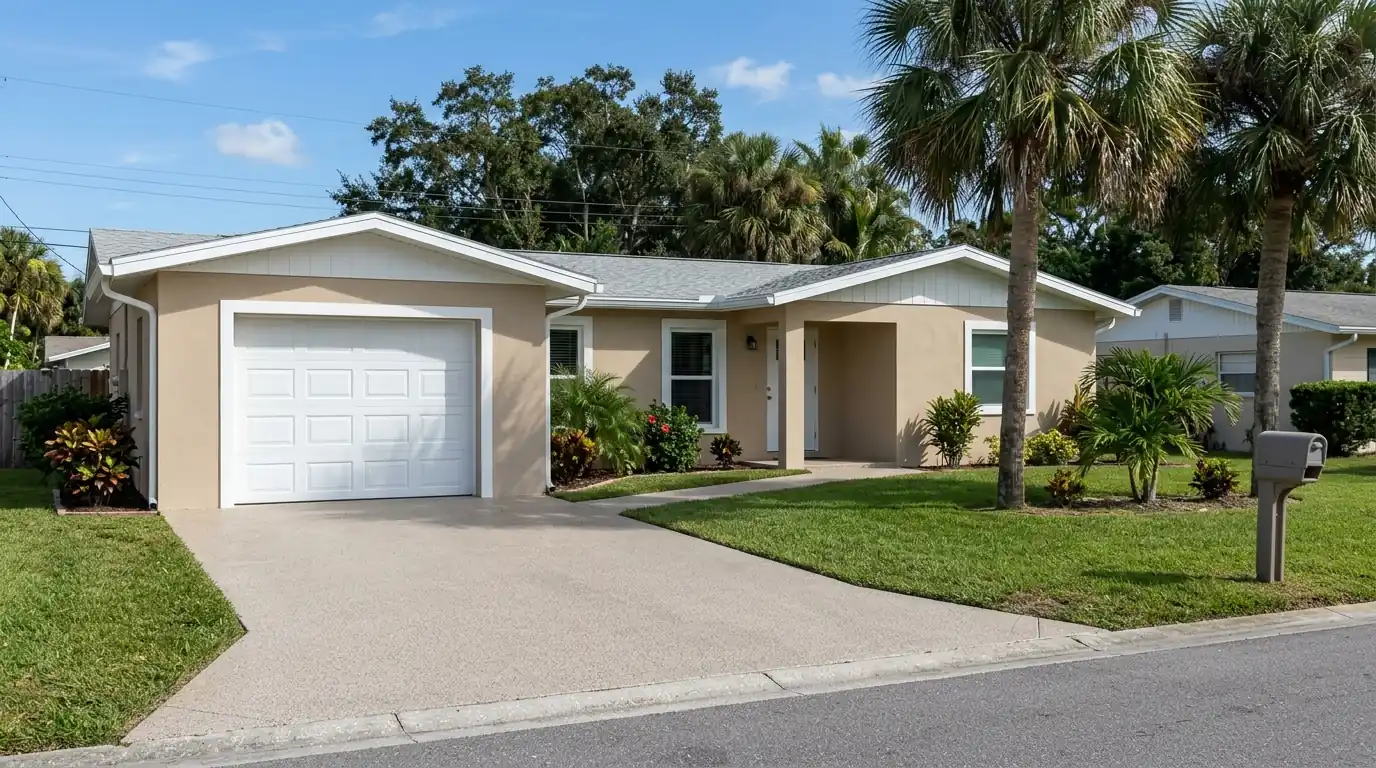 One-story block home in Park East, Sarasota, with fresh warm beige stucco, white trim, a clean garage door and coated driveway
