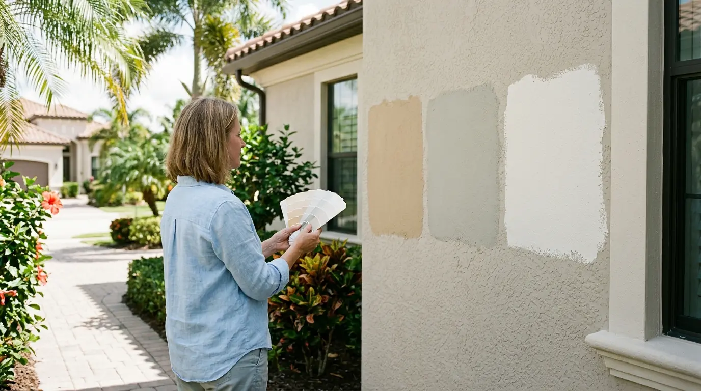 Homeowner holding exterior color swatches beside large painted sample patches on a gated community home in Sarasota