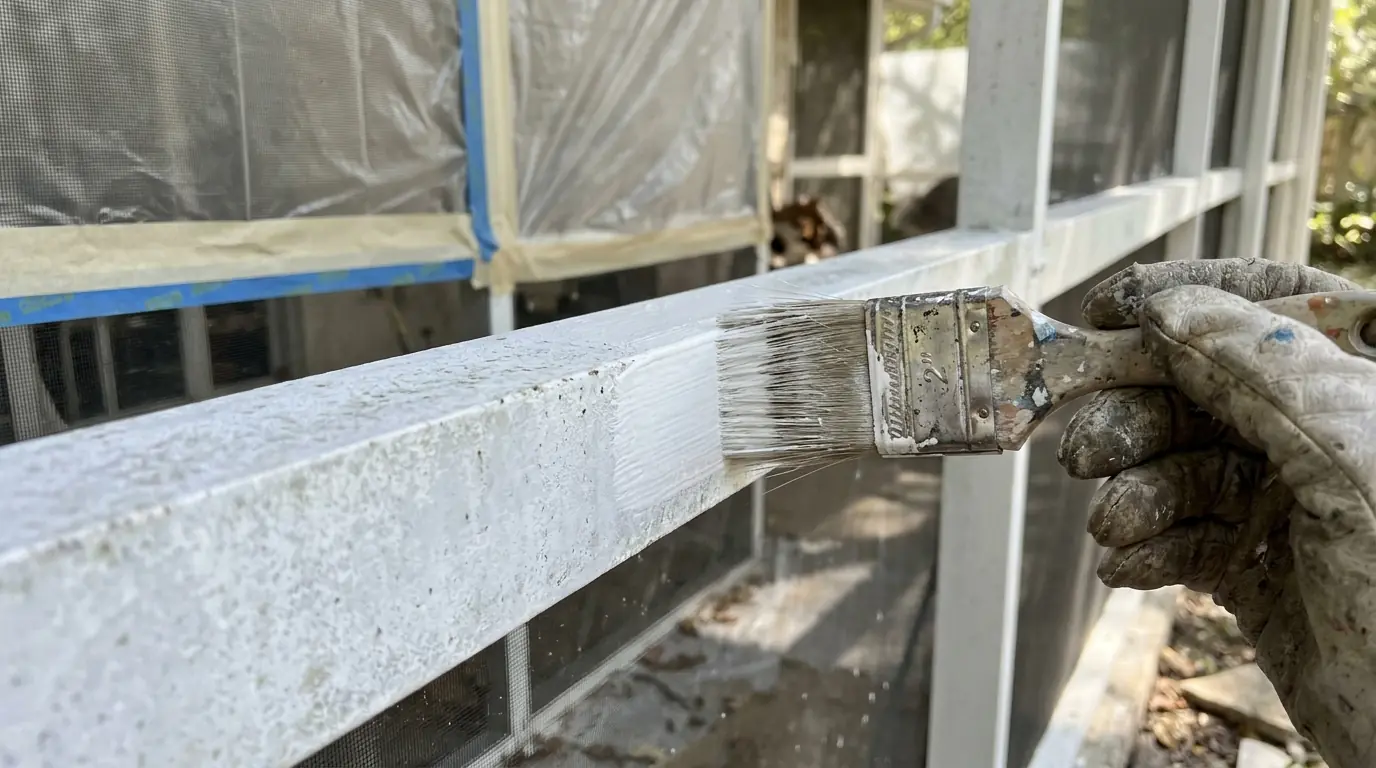 Close-up of a brush coating a chalky white aluminum enclosure beam with nearby screen panels masked in plastic