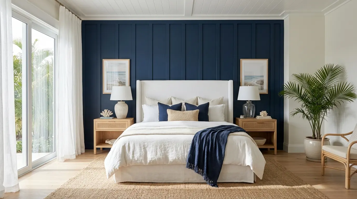 Deep navy accent wall behind a white upholstered bed in a bright Sarasota bedroom with coastal decor