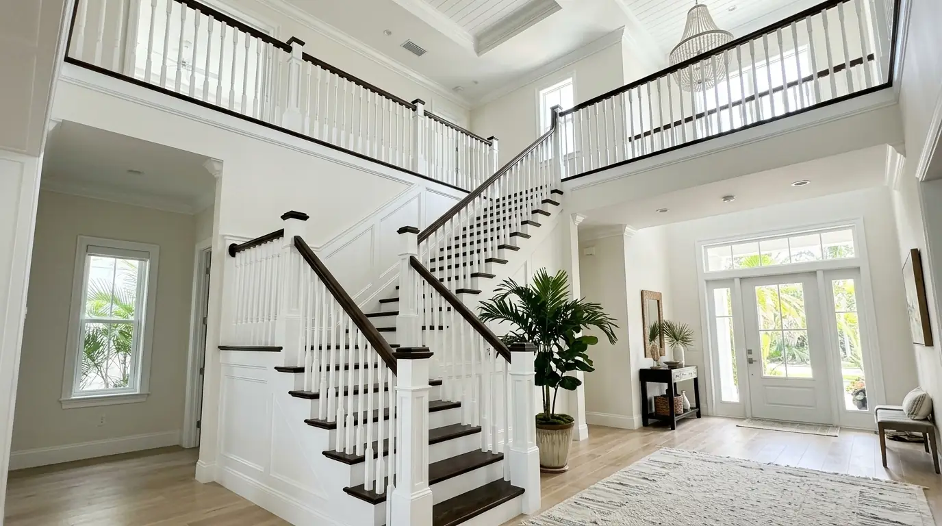 Two-story foyer staircase with fresh white balusters and risers and a dark stained handrail in a Florida home