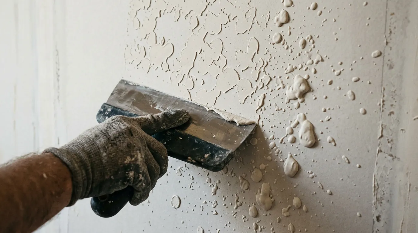 Close detail of a knockdown knife flattening wet spattered compound on a wall section