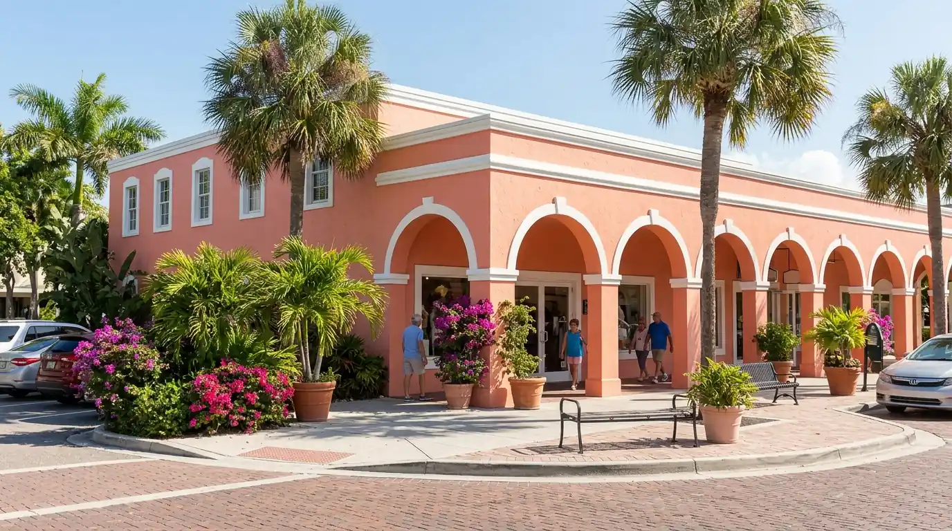 Low-rise stucco storefront on St. Armands Circle in Sarasota with fresh coral paint, white trim and a shaded arched walkway