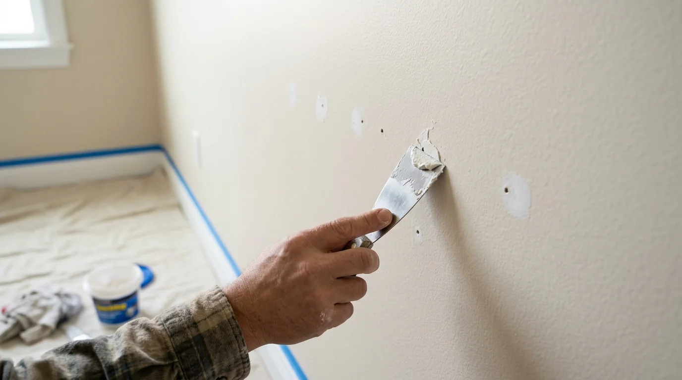 Putty knife filling nail holes in a light beige wall during a rental unit turnover