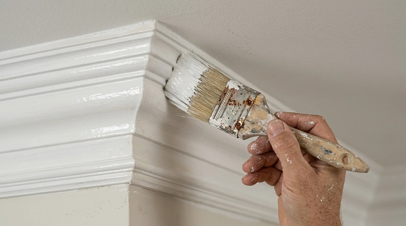 Brush laying semi-gloss enamel along a detailed crown molding profile at the ceiling line