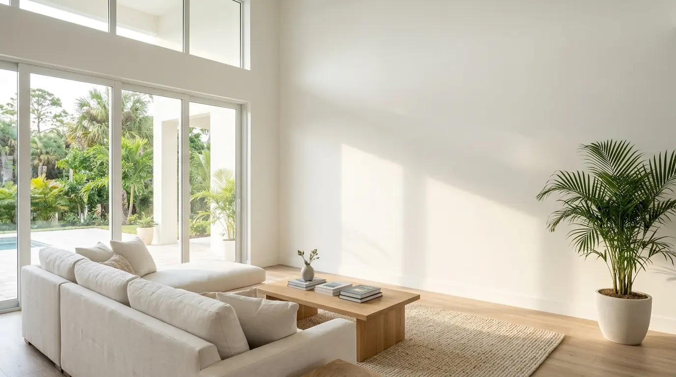 Living room in a Sarasota home freshly painted soft warm white with sunlight from tall sliding doors across a smooth wall