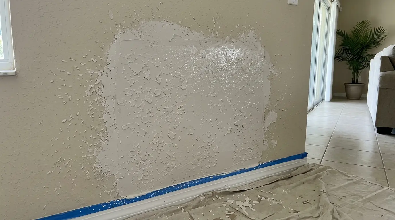 Freshly applied knockdown texture blended over a drywall repair on a living room wall in a Florida home