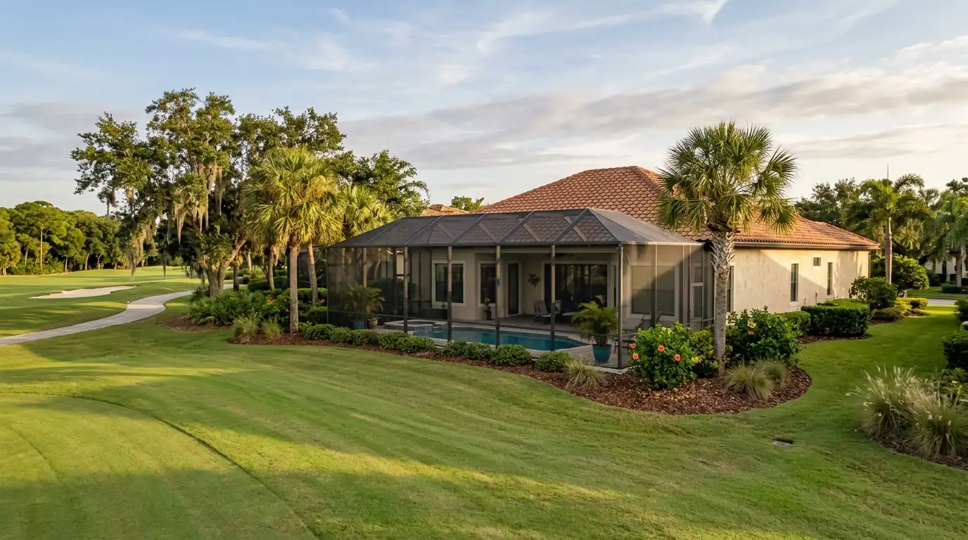 Single-story stucco golf course home with a tile roof and screened pool cage overlooking a fairway in University Park