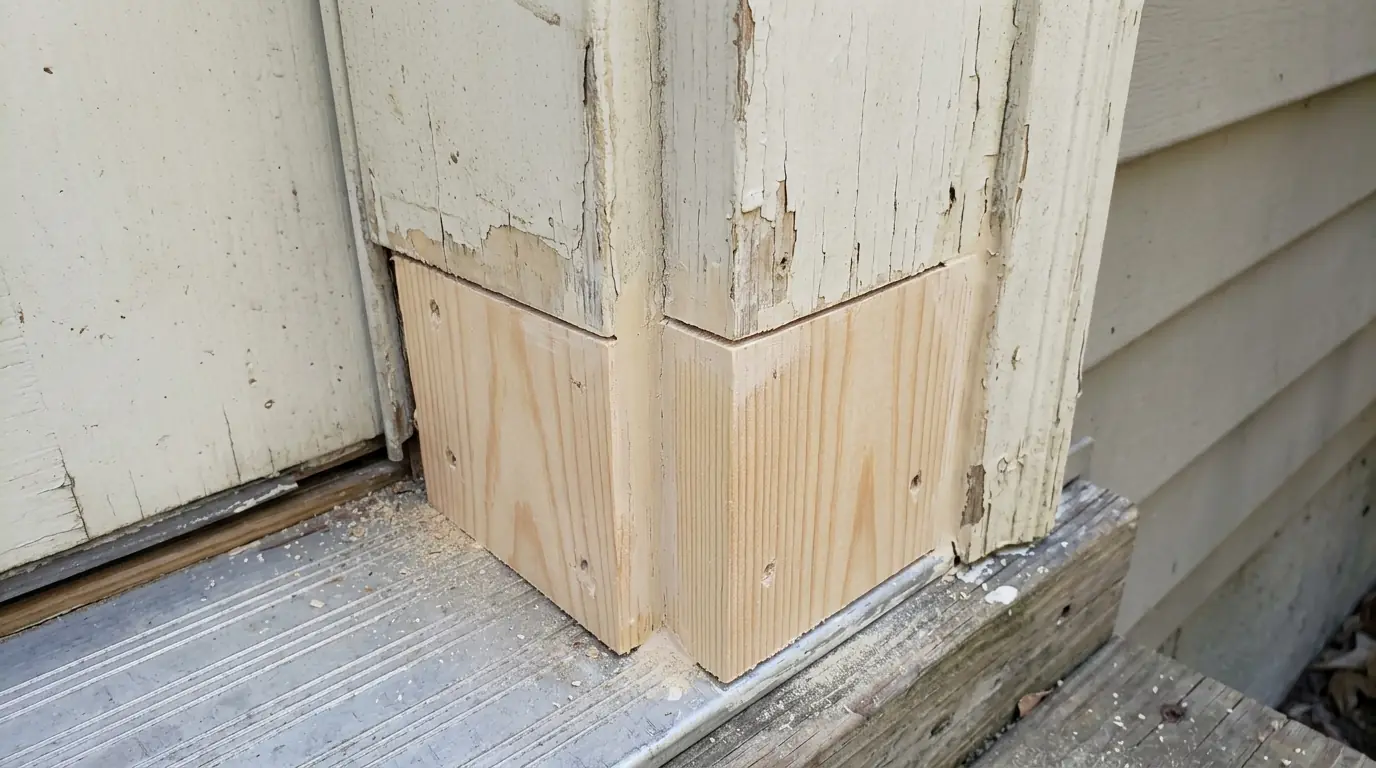 Close-up of a door jamb base with rotted wood cut away and a new spliced section ready for primer