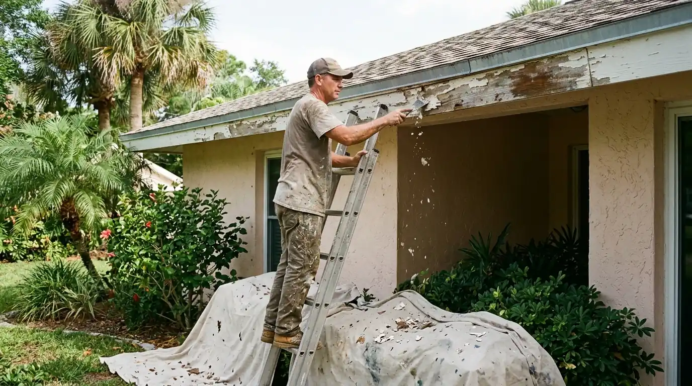 Painter scraping loose paint from weathered fascia boards under the roof edge of a Sarasota house