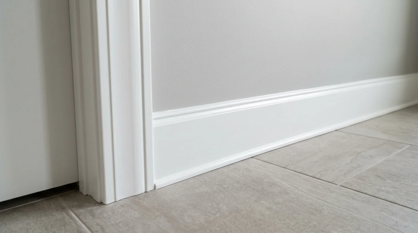 Freshly painted bright white baseboard and door casing against a light gray wall over tile flooring