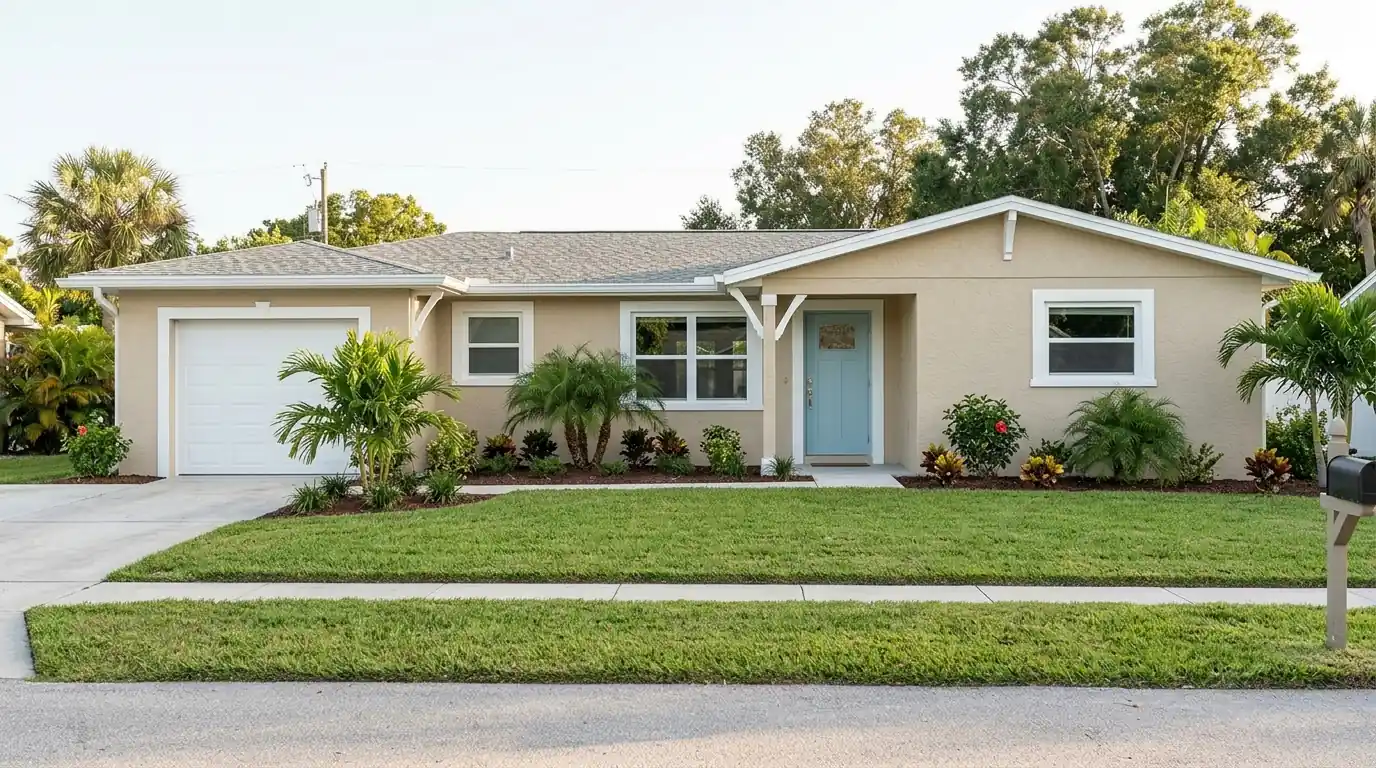 Front of a Sarasota ranch home with newly painted sand stucco, crisp white trim and a soft blue front door