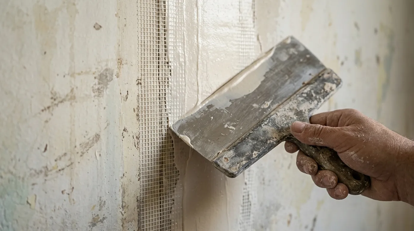Close view of joint compound being spread over mesh tape on a cracked wall seam with a wide knife