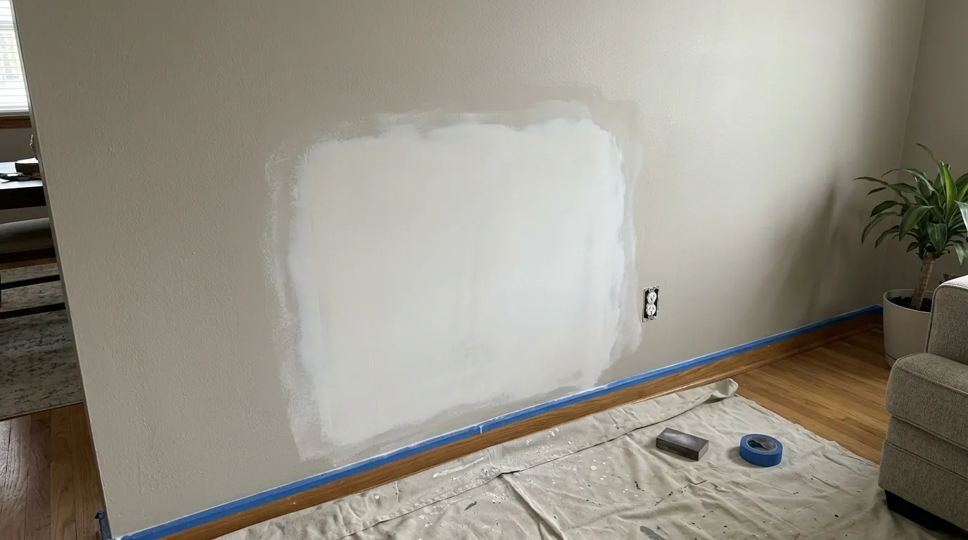 Freshly finished drywall patch on a living room wall, feathered smooth and primed before painting