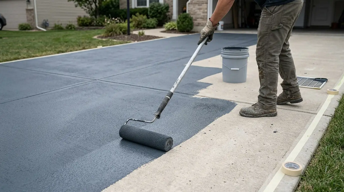 Roller spreading tinted concrete coating with fine anti-slip grit across a freshly cleaned driveway slab